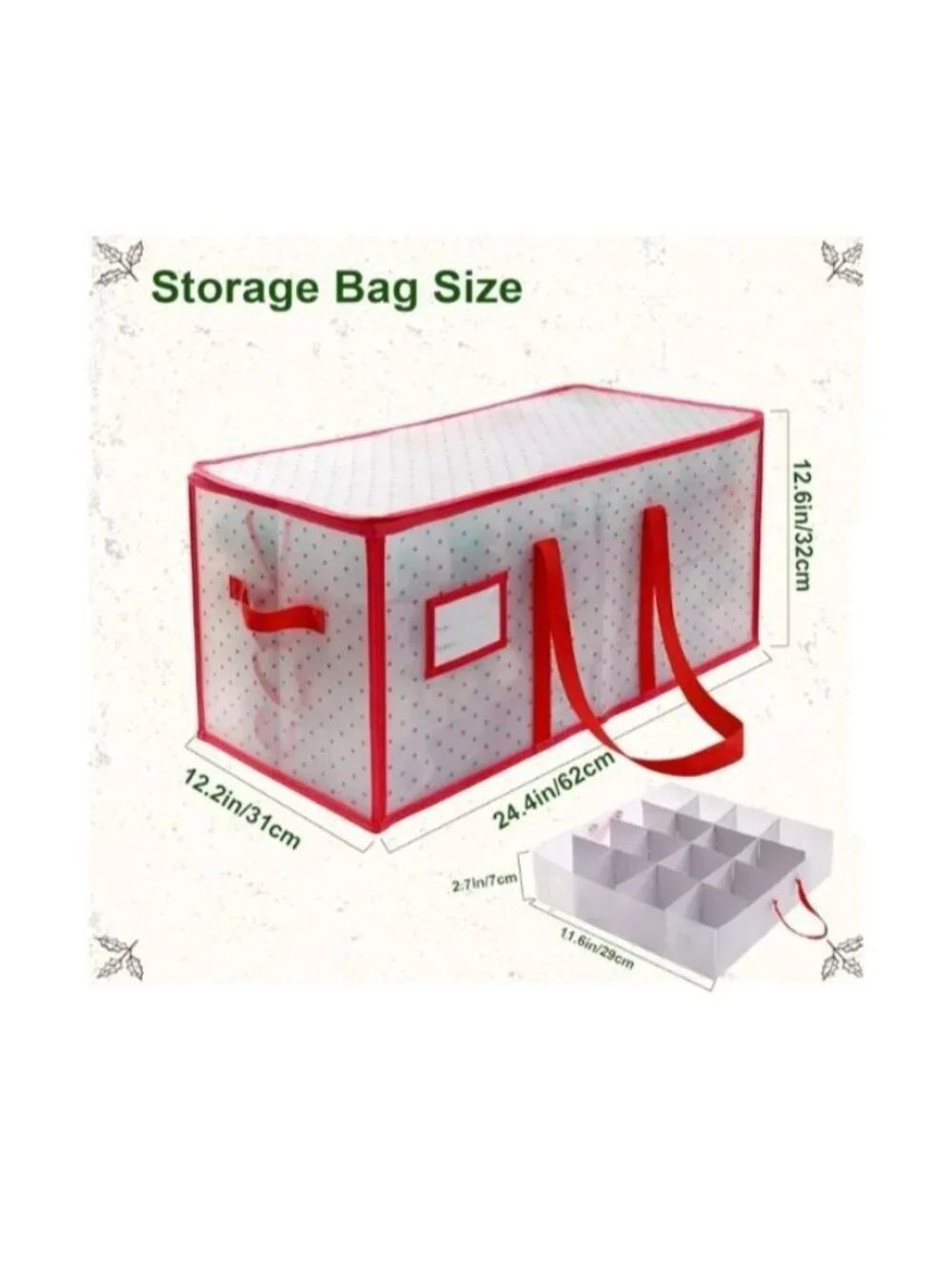 Large Red Ornament Storage Bag Handles Pockets Zipper Closure 24.4